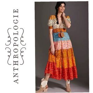 Anthropologie Women's Tiered & True Short Sleeve Floral Maxi Dress size XS